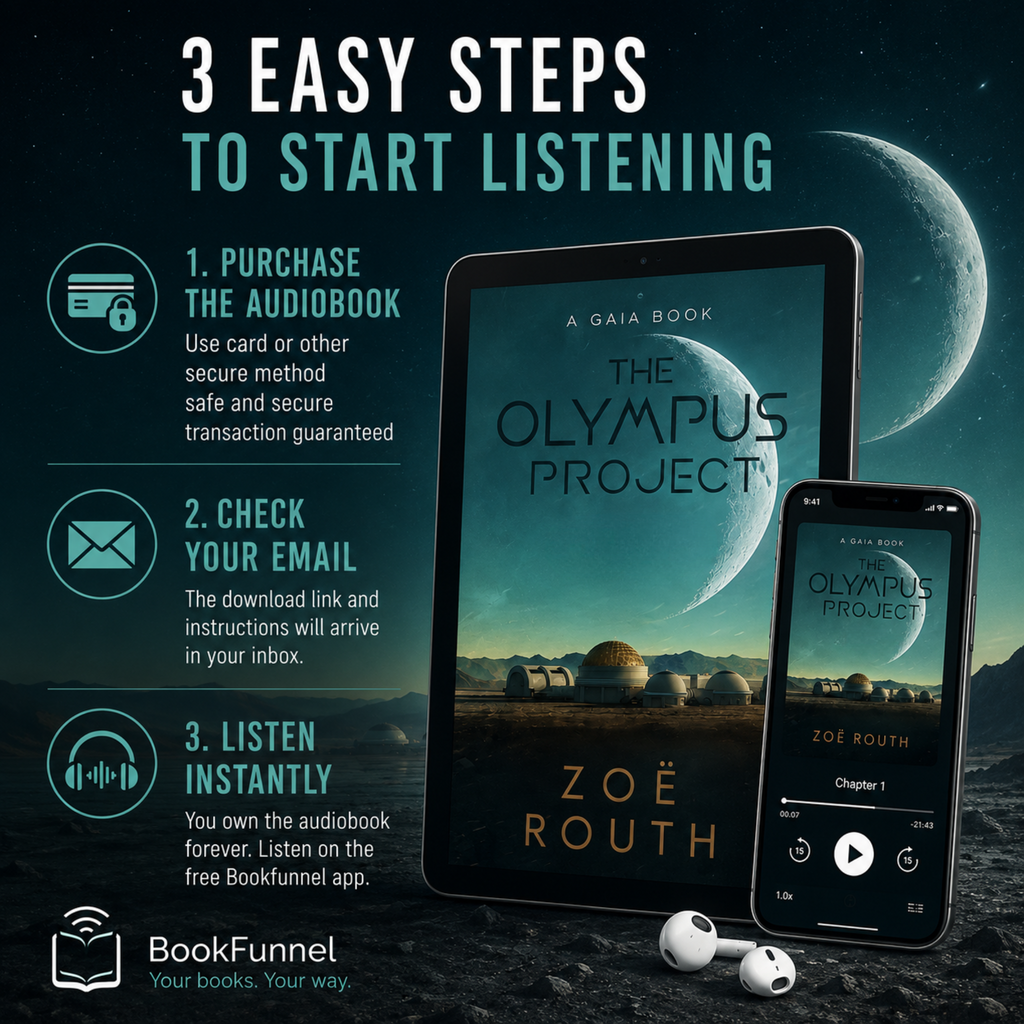 Promotional graphic for 'The Olympus Project' audiobook with tablet, phone, and earbuds on a space-themed background.