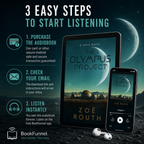 Promotional graphic for 'The Olympus Project' audiobook with tablet, phone, and earbuds on a space-themed background.