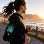 Person jogging by the beach with a phone in an arm sleeve at sunset