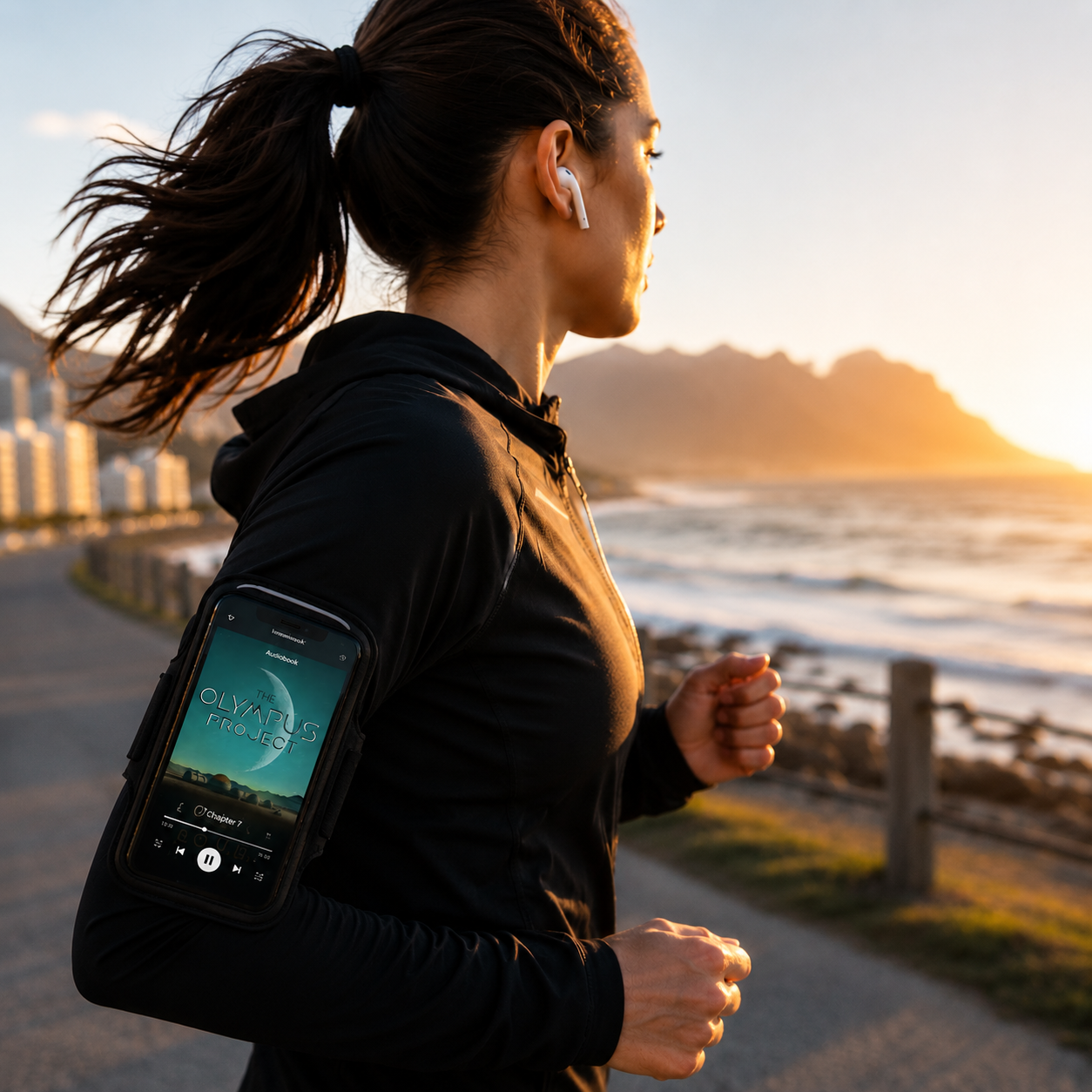 Person jogging by the beach with a phone in an arm sleeve at sunset