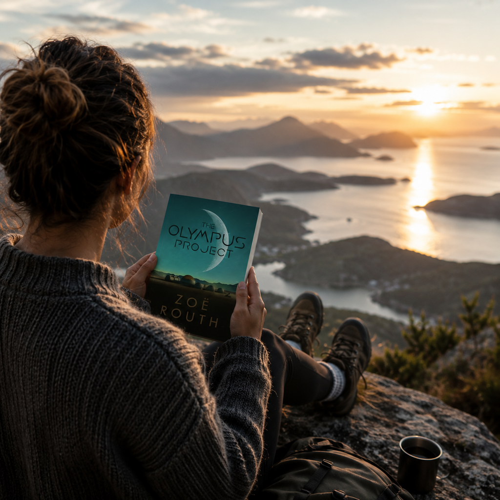 Person reading 'Olympus Project' by Zoe Kouth with a scenic view of mountains and water.
