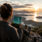 Person reading 'Olympus Project' by Zoe Kouth with a scenic view of mountains and water.