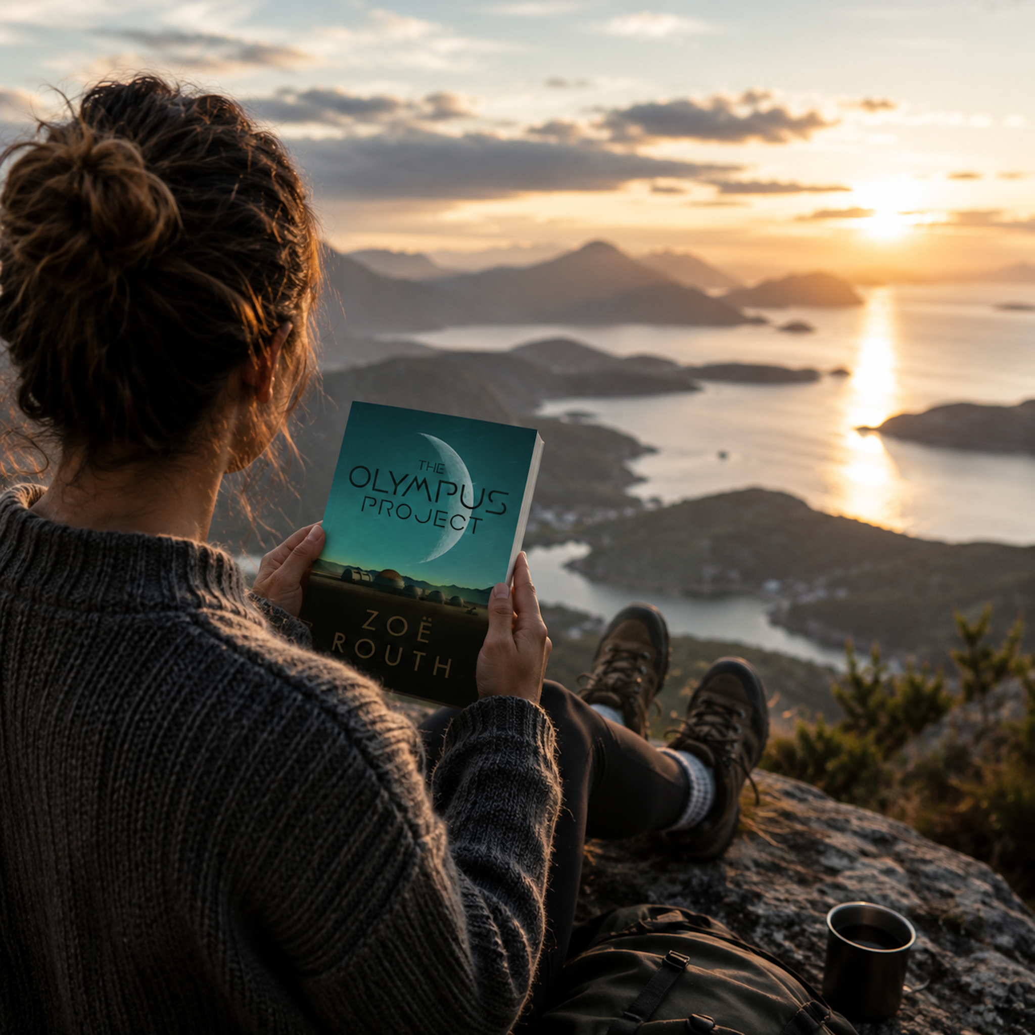 Person reading 'Olympus Project' by Zoe Kouth with a scenic view of mountains and water.