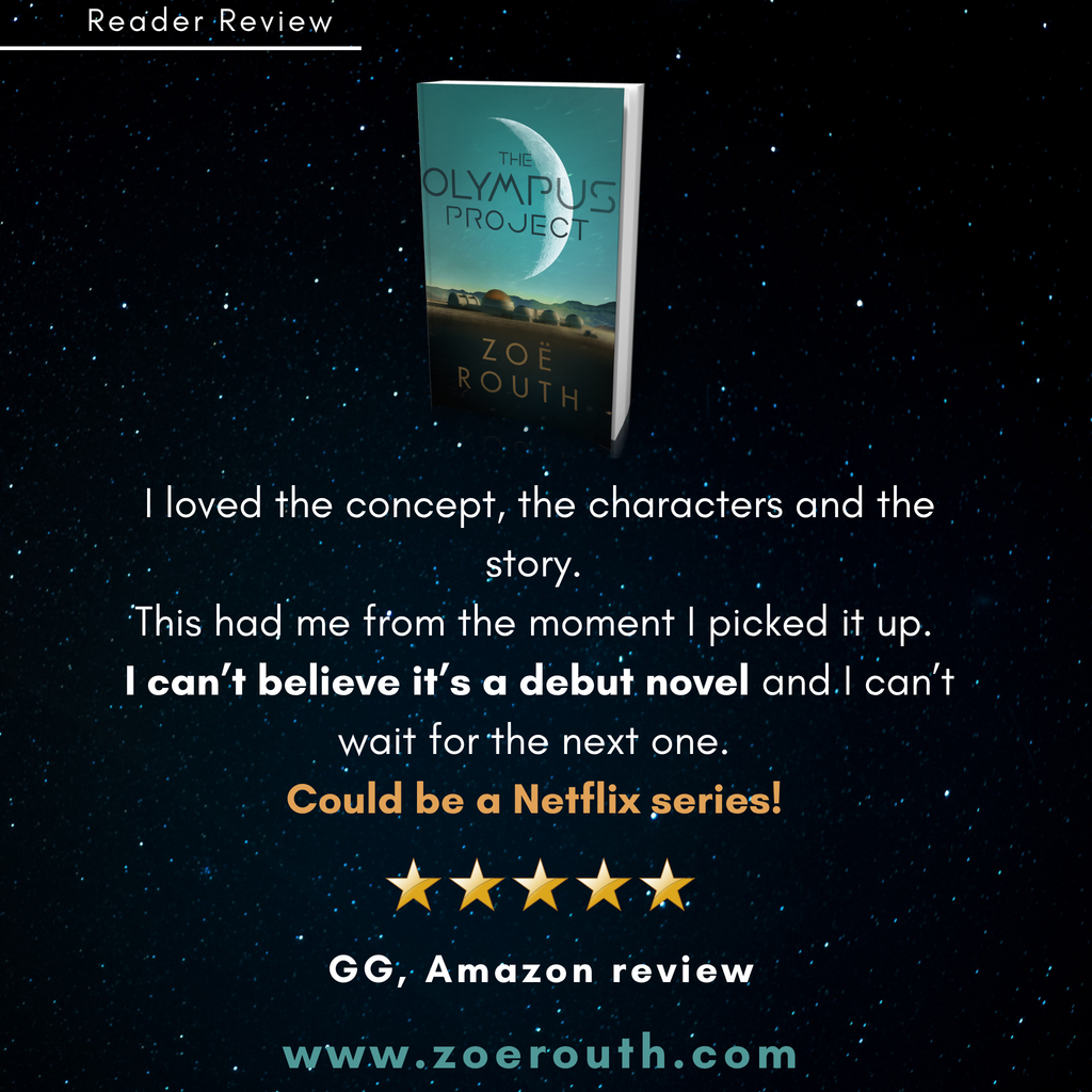 Book titled 'The Olympus Project' by Zoe Routh with a five-star Amazon review on a starry night background.