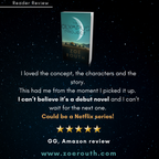Book titled 'The Olympus Project' by Zoe Routh with a five-star Amazon review on a starry night background.