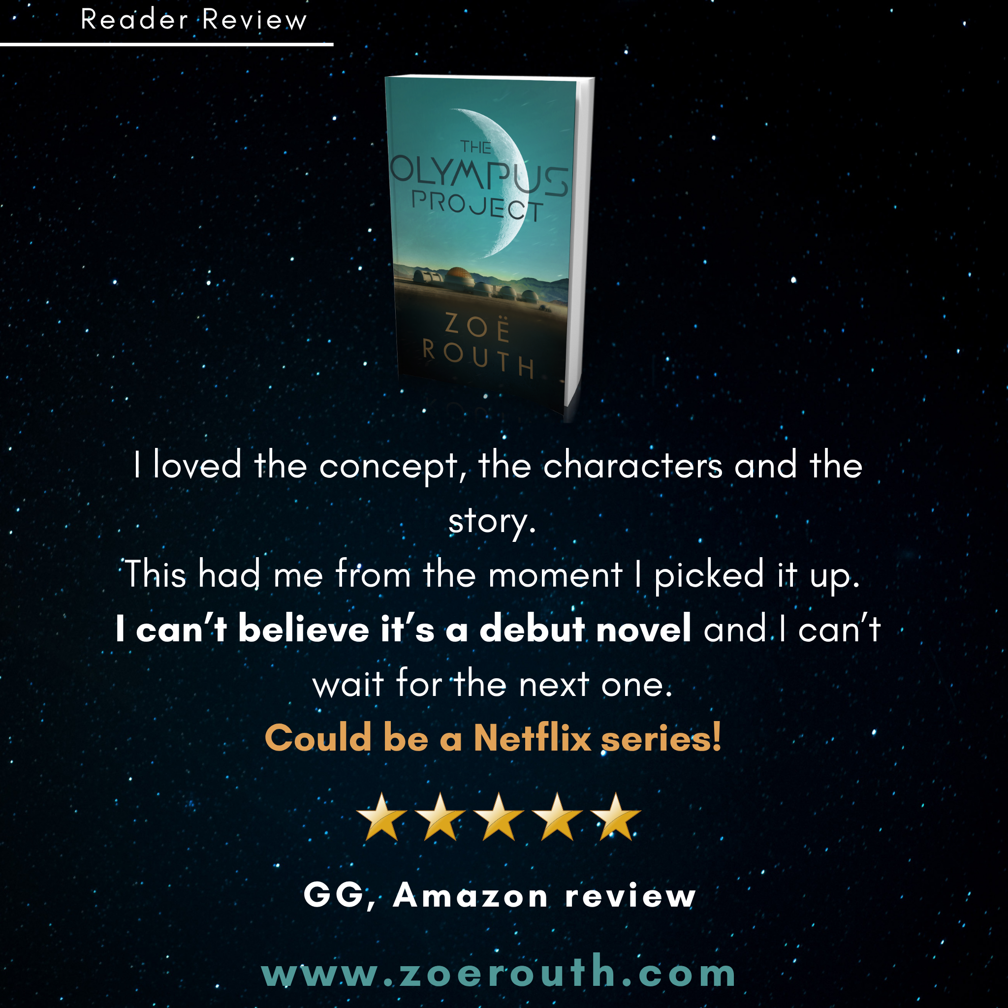 Book titled 'The Olympus Project' by Zoe Routh with a five-star Amazon review on a starry night background.