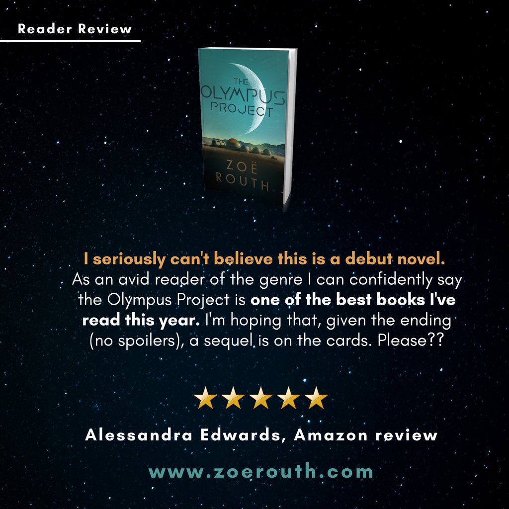Book cover of 'The Olympus Project' with a starry night background and reader review text.