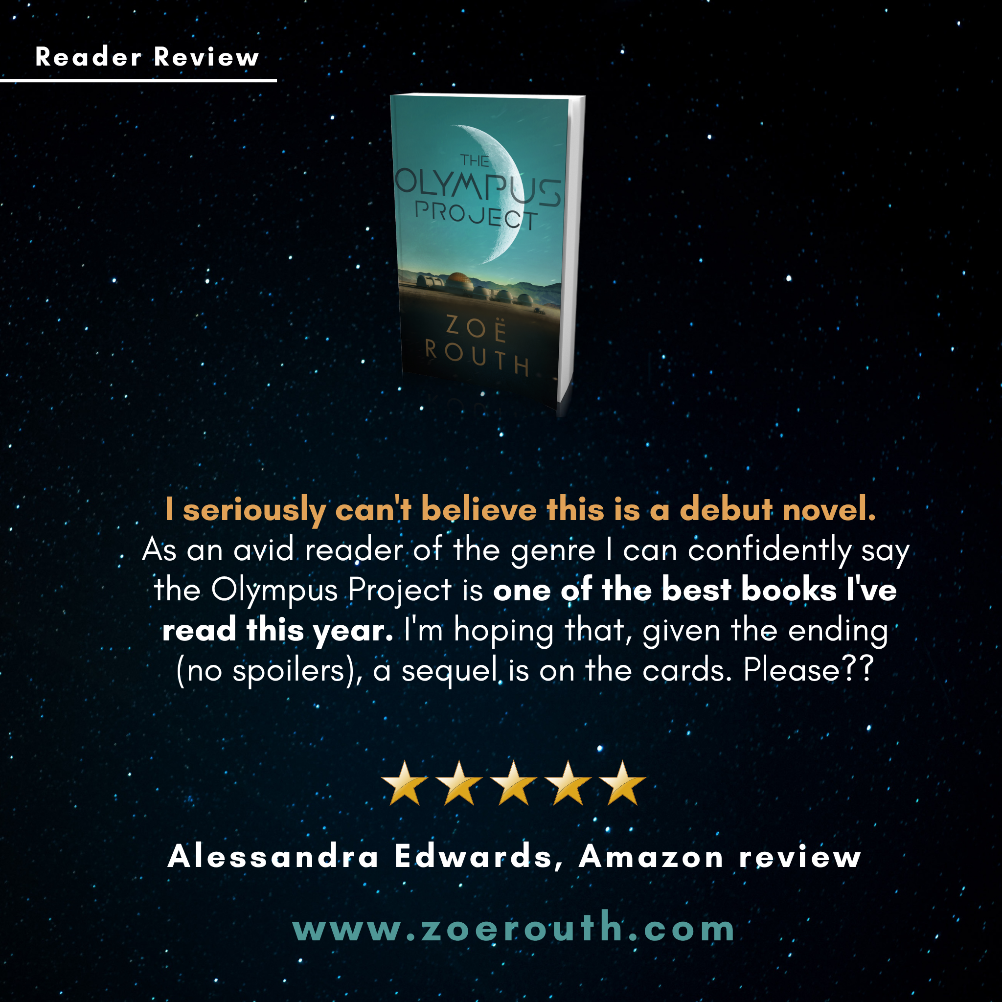 Book cover of 'The Olympus Project' with a starry night background and reader review text.