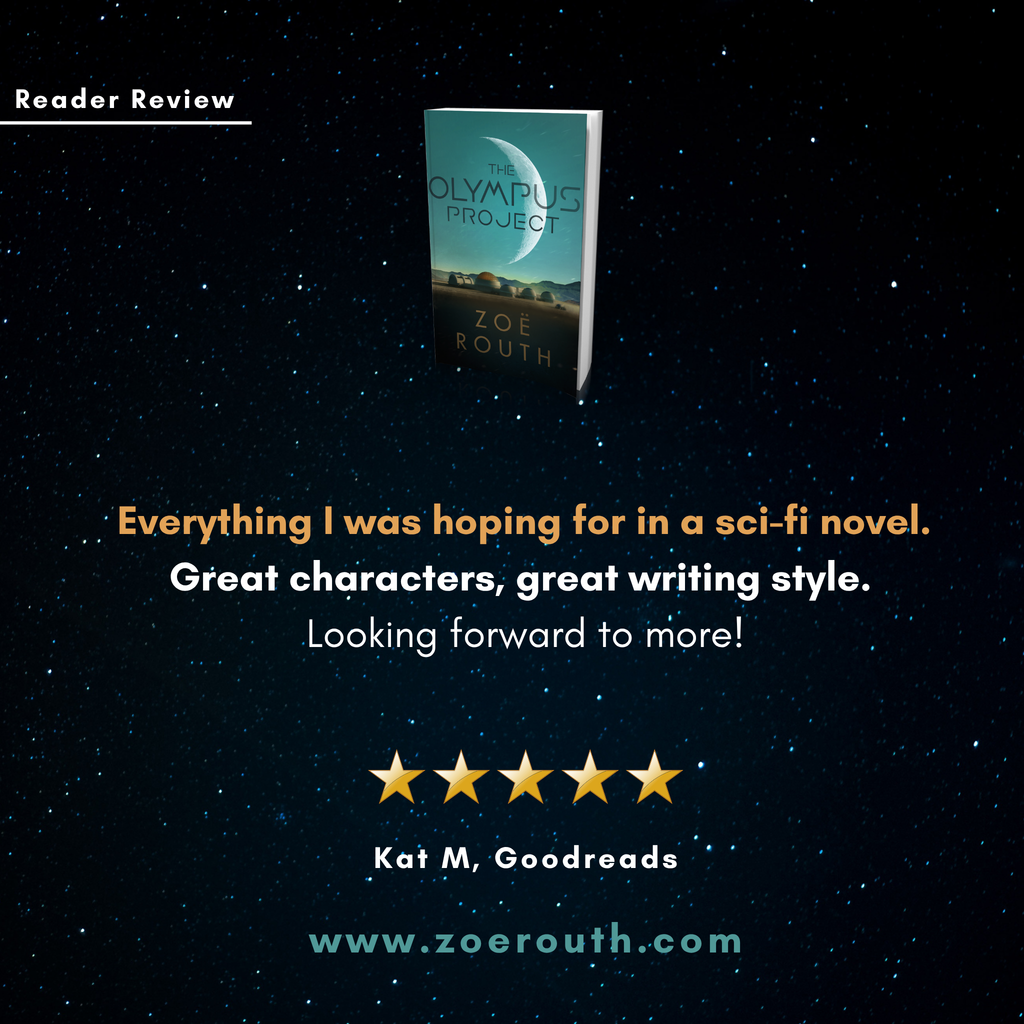 Book cover of 'The Olympus Project' by Zoe Routh with a starry night background and reader review text.
