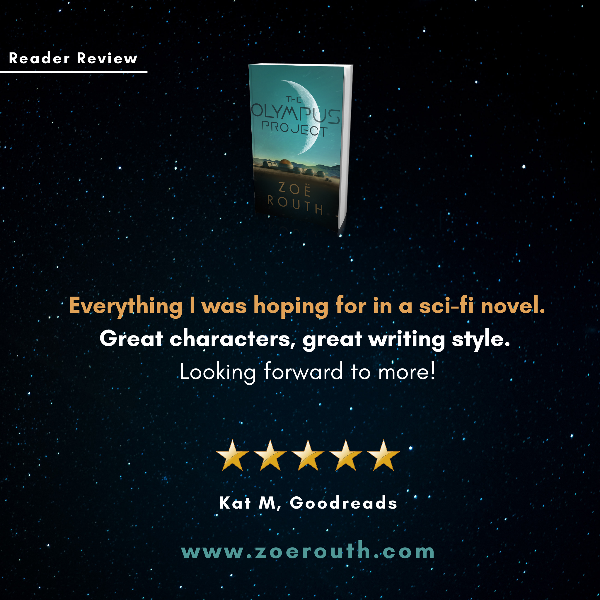 Book cover of 'The Olympus Project' by Zoe Routh with a starry night background and reader review text.