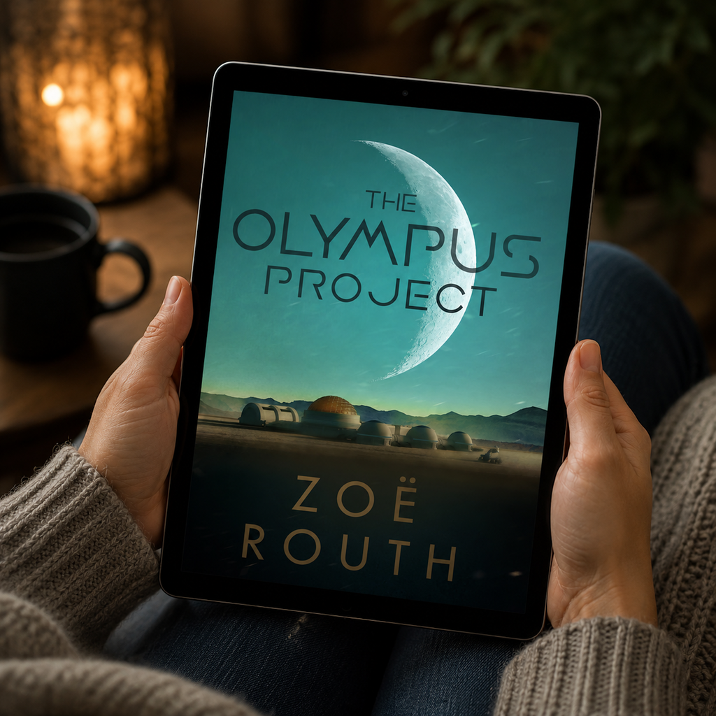 Person holding a tablet with 'The Olympus Project' by Zoe Routh displayed on the screen.
