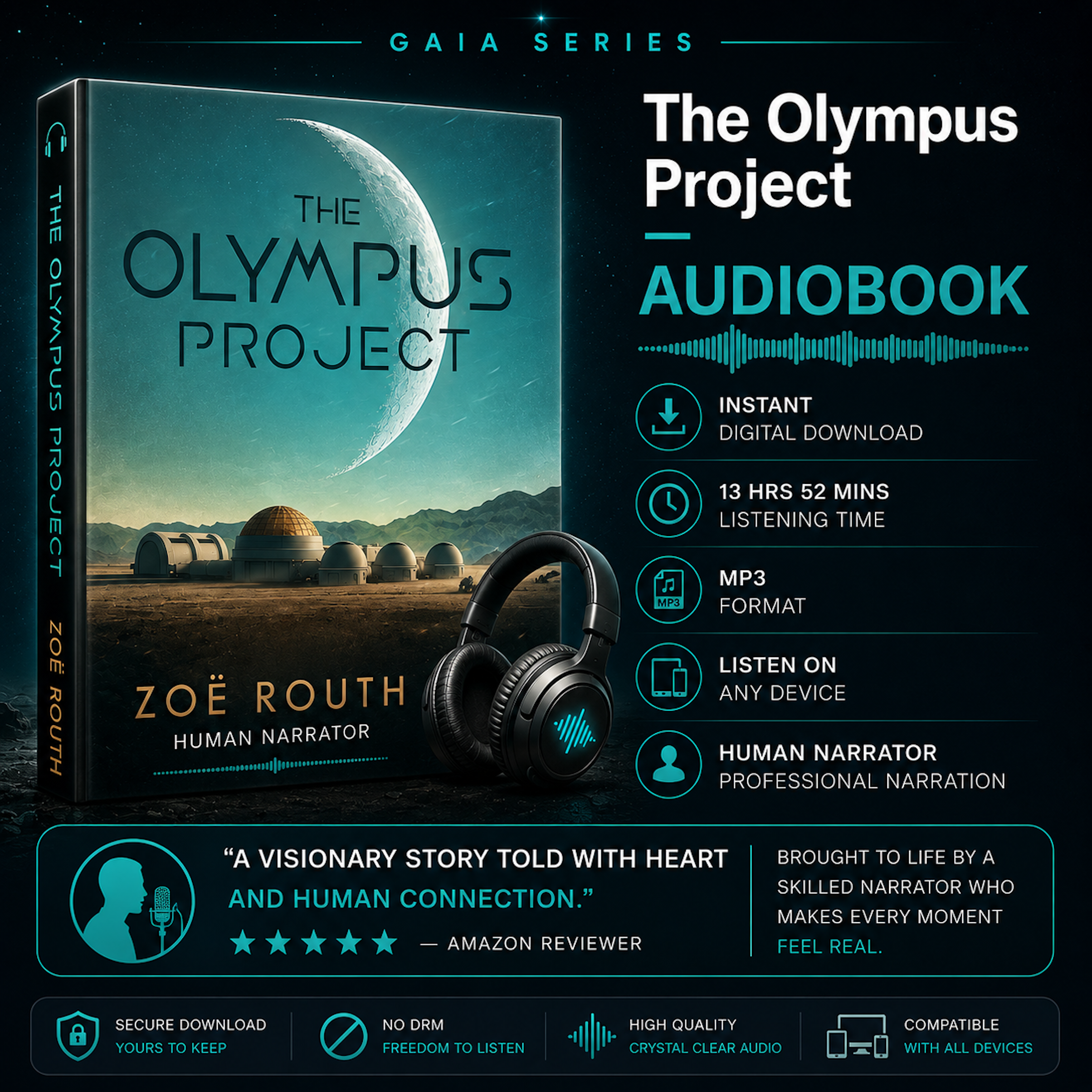Promotional image of 'The Olympus Project' audiobook with cover, headphones, and feature details.