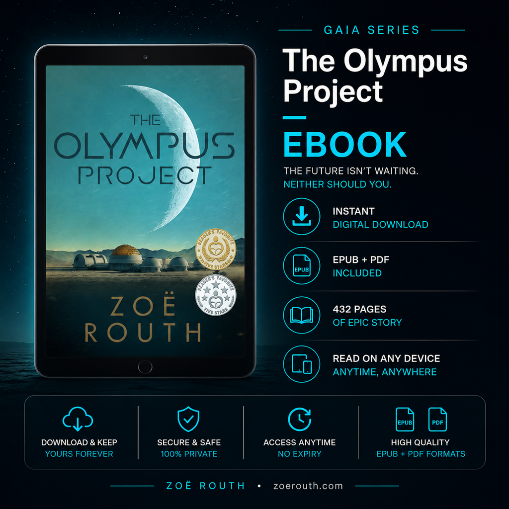 Promotional graphic for 'The Olympus Project' eBook by Zoe Routh, featuring an tablet with the book cover displayed.
