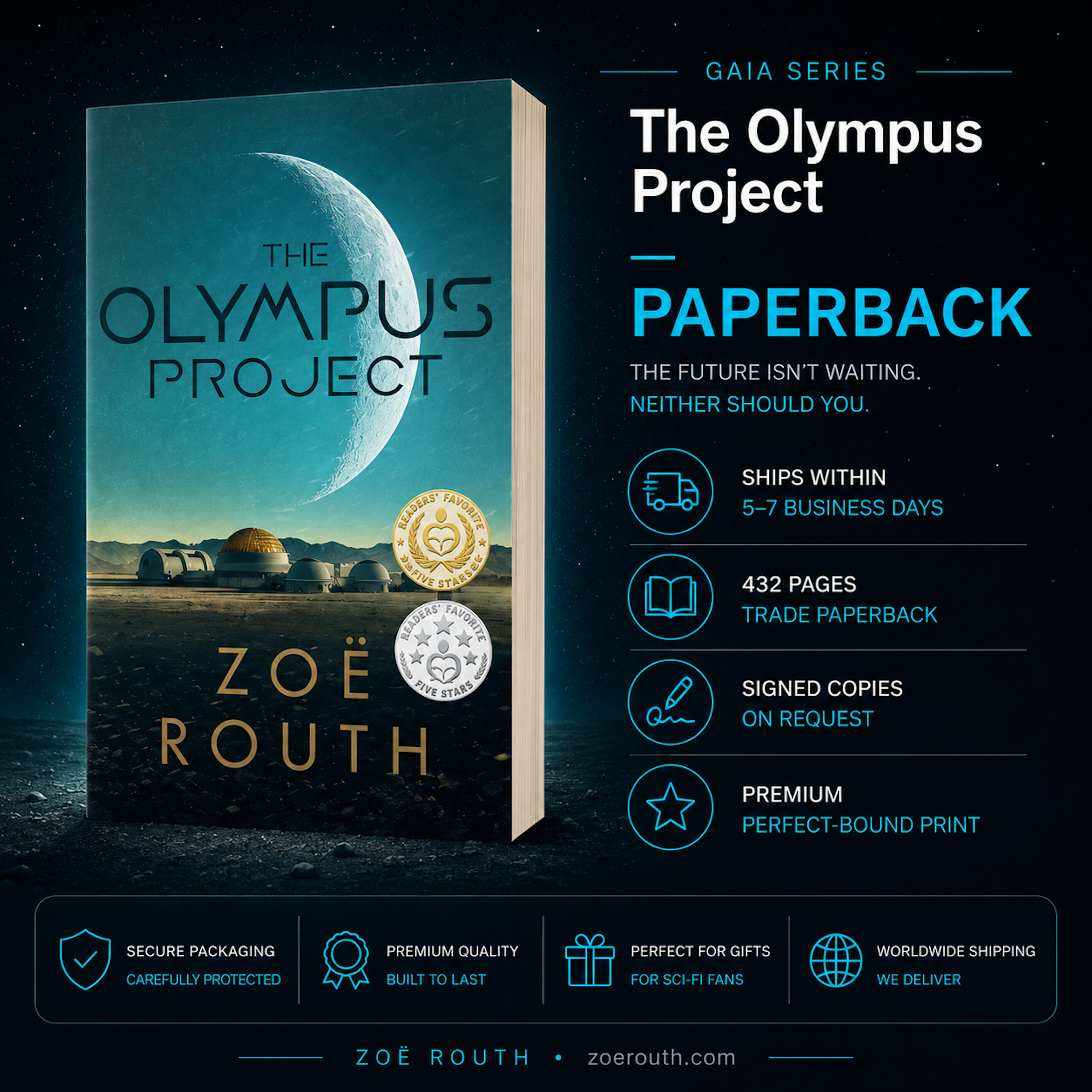 Book cover of 'The Olympus Project' by Zoe Routh with promotional text on a dark space-themed background.